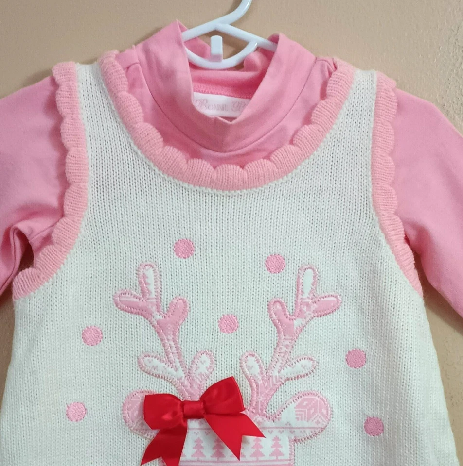 NEW Embroidered Reindeer Sweater Dress 18M Bonnie Baby Jumper Scallop Edges - Image 3 of 4
