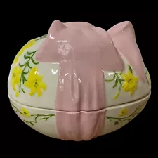 Vintage 1970s Ceramic Egg Dish Pink Bow Hobbyist Painted Trinket Box Easter