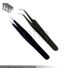 2 Pcs Eyelash Extension Tweezers Straight Curved Black Tweezers