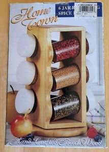 Spice Wood Rack Tower 8.5x5 Beech Rotates Carousel 6 Glass Jars, Boxed