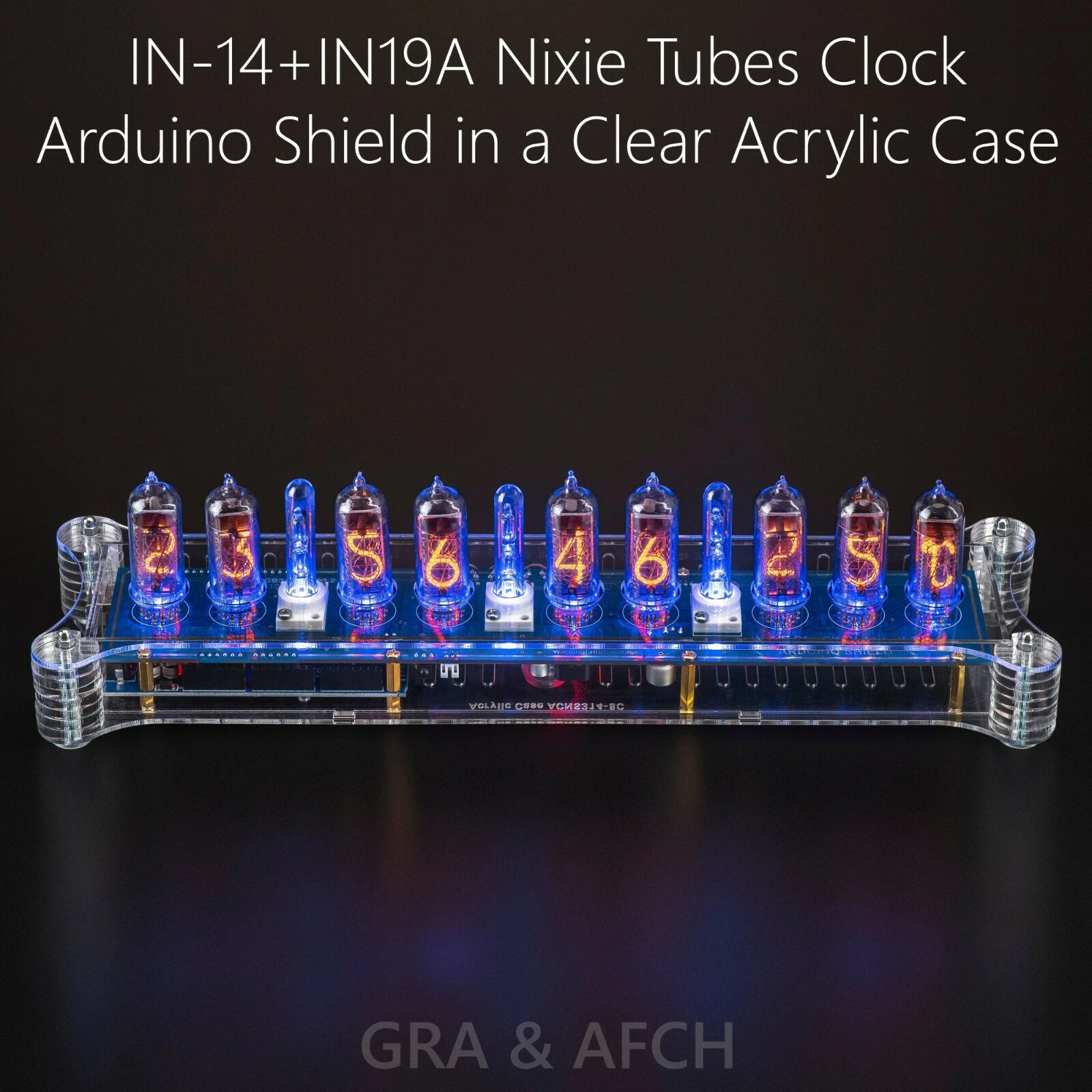 IN-14+IN19A Arduino Shield Nixie Clock in Acrylic Case [WITH OPTIONS] [9 TUBES]