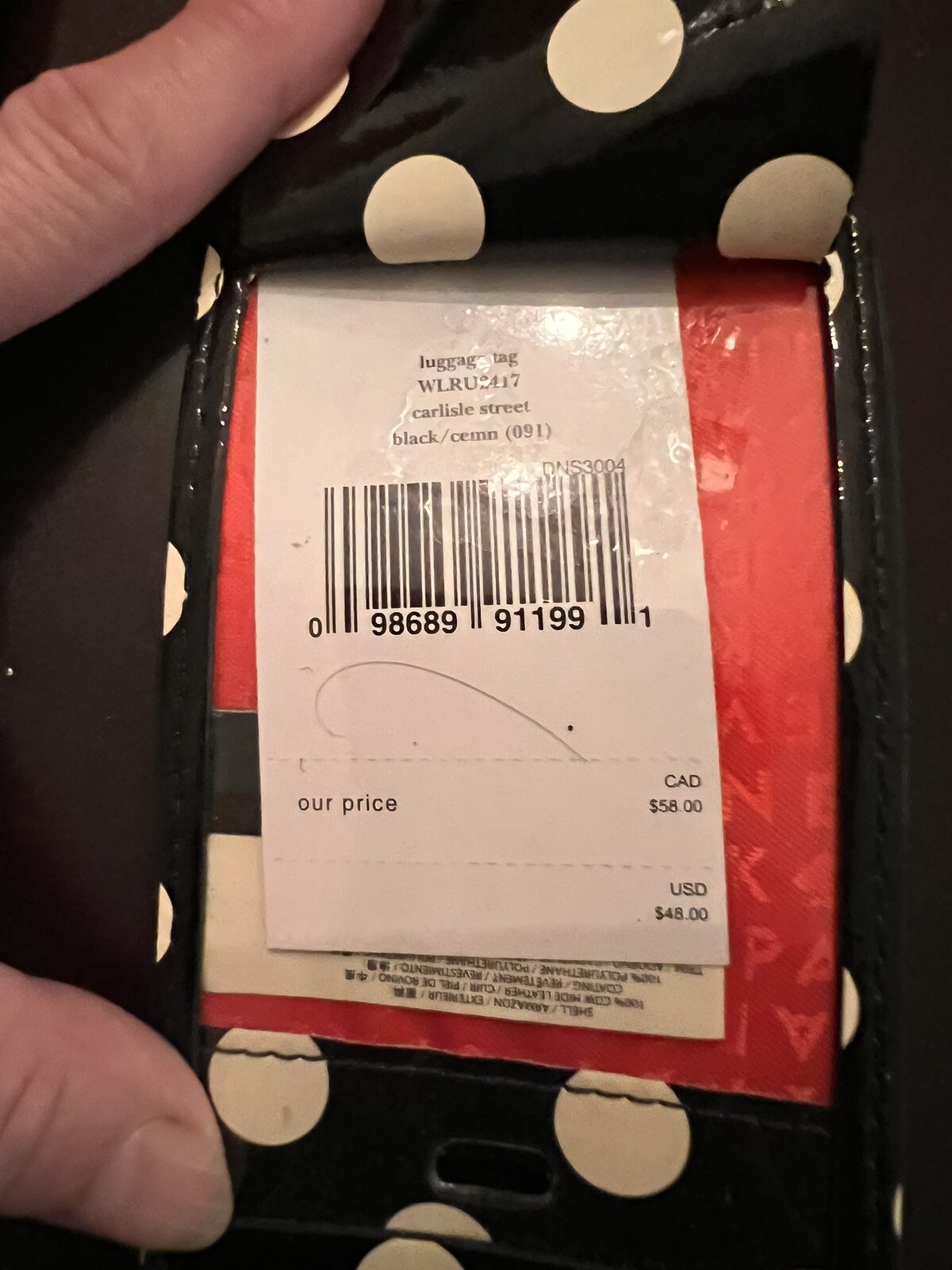 NWT Kate Spade&nbsp;Polka Dot Luggage Tag Black & White PATENT Leather WLRU 2417