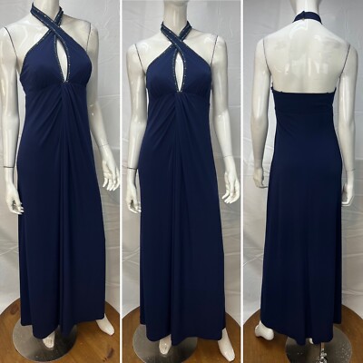 Laundry by Shelli Segal 2 Beaded Rhinestone Halter Stretchy Jersey Gown Dress