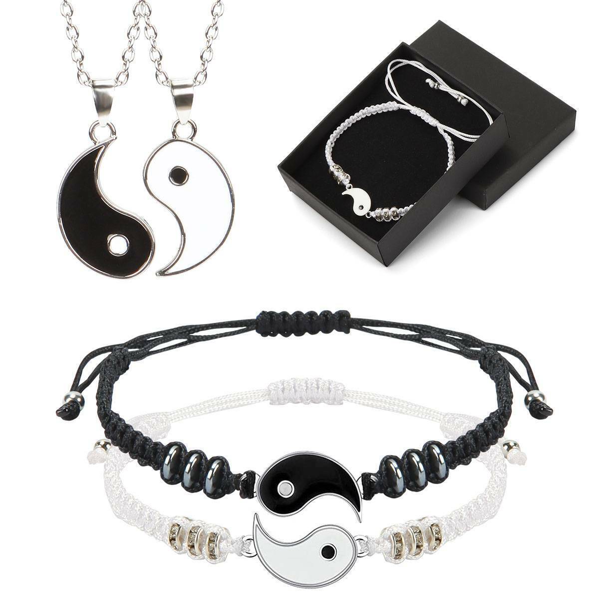 2 Pcs Yin Yang Set Adjustable Matching Handmade Bracelet/Necklace Couples Gift