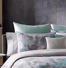 2 Kenneth Cole Home Shadow Floral Euro Shams Solid Aqua 100% Linen European Sham