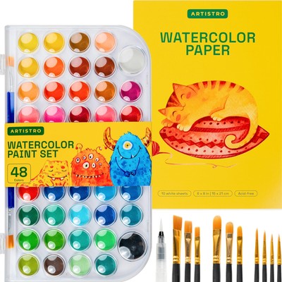 Washable Watercolor Paint Set 48 Colors with Watercolor Paper, 2 brushes, Ref...