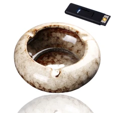 Ashtray for Cigarettes Glossy Ceramic Round + Flameless Lighter! for in/outdoor.
