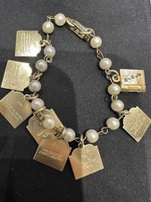 Vintage Ten Commandments Charm Bracelet Faux Pearl Gold Tone | 7 Charms