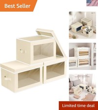 3 Pack Collapsible Beige Storage Bins with Window, Lid Easy Carry Handles