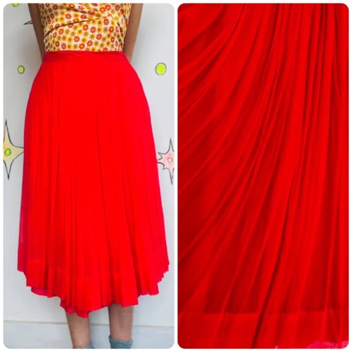 Vintage 50s 60s Bright Red Pleated Full Twirl Skirt Tulle Sheer Chiffon Layers S - Picture 5 of 6
