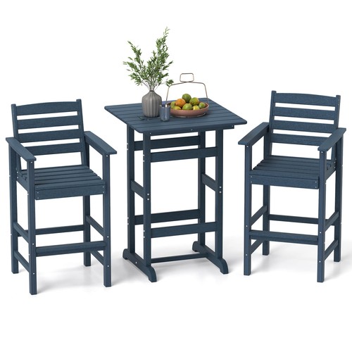 3-Piece Patio HDPE Bar Set Armchairs w/Square High-Top Table Footrest & Backrest