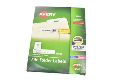 Avery 5366 File Folder Labels 1/3 Cut 1500 TrueBlock Inkjet Laser 50 Sheets