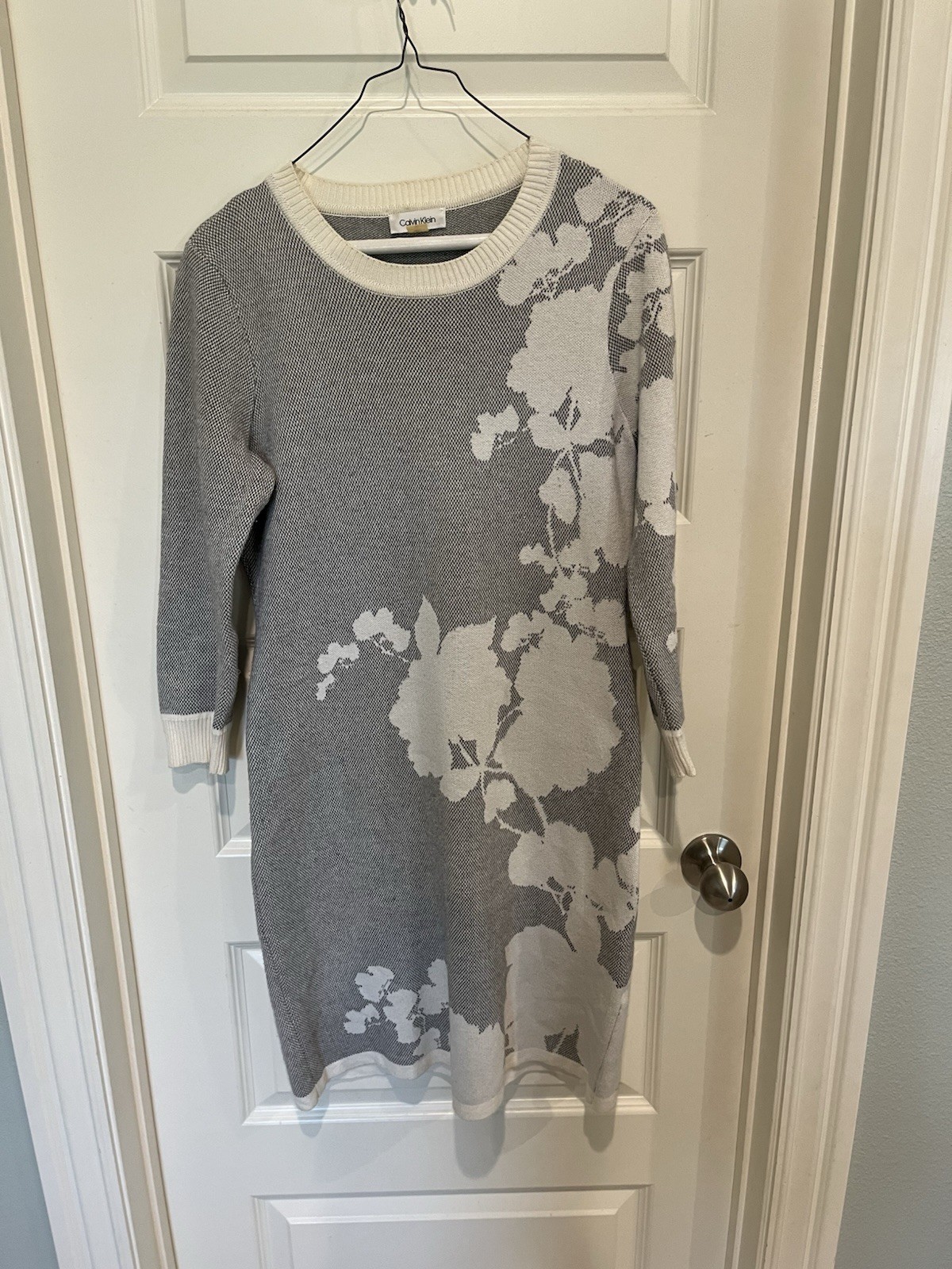 Calvin Klein Grey and White Floral Long Sleeve Sweater Dress