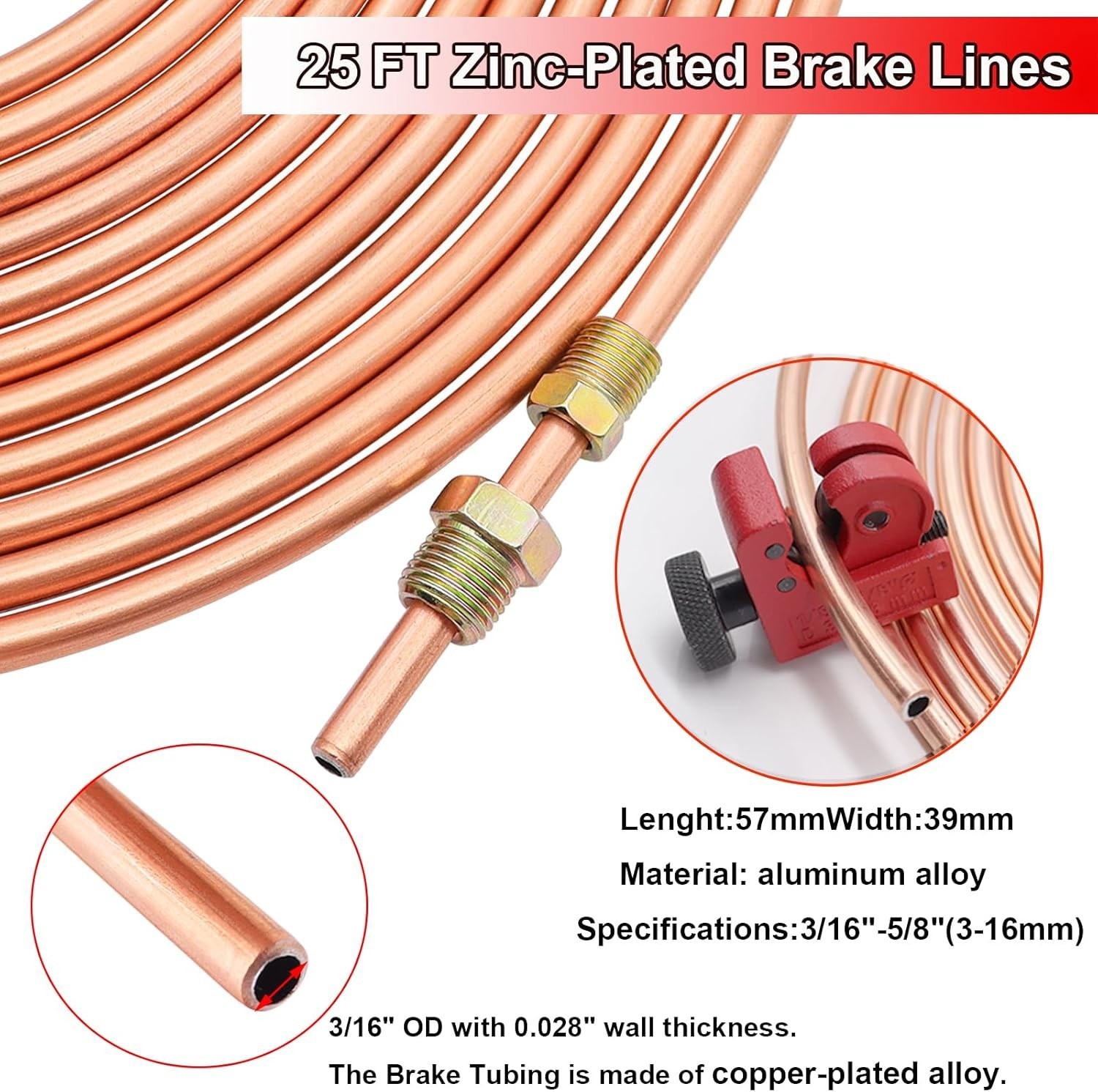 Brake Line Pipe Repair 20 Nuts Fittings Kit 3/16 25ft Copper Pipe Flaring Tools