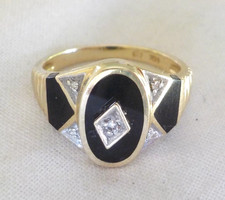Deko 14K Gelbgold geometrisches Inlay Onyx Diamant Ring - 4,37 gms, Gr. 6