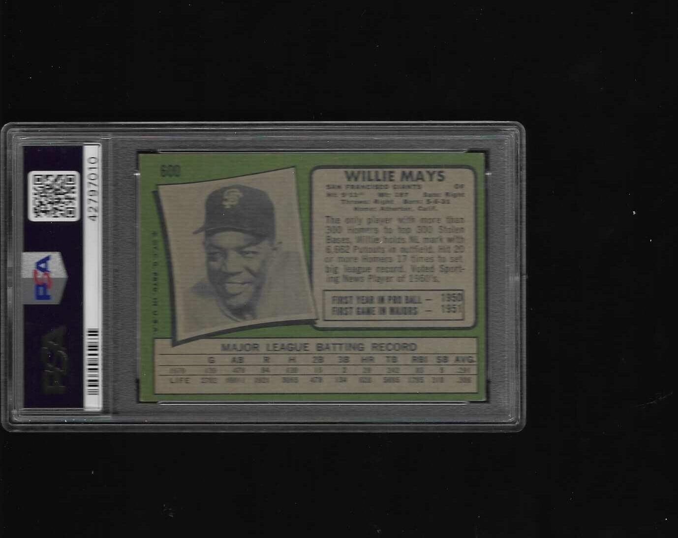 1971 Topps Baseball-#600 Willie Mays, San Francisco Giants HOF, PSA 5 view 2