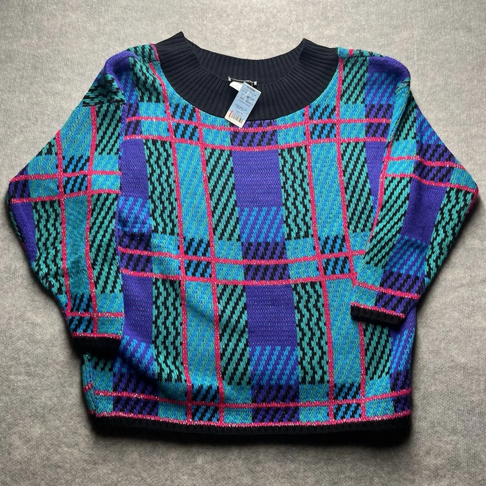 Suéter Tejido Grueso A Cuadros Geométrico Vintage Players Sport Años 80’s Nuevo con Etiquetas Talla M/L
