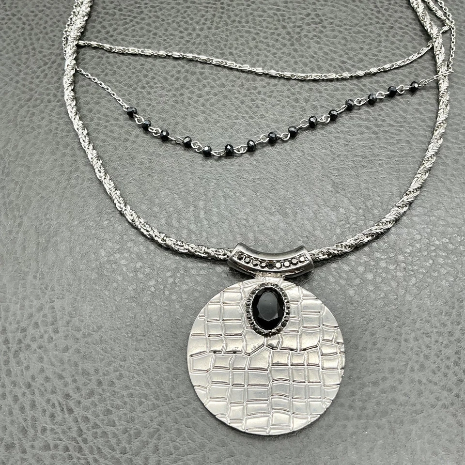 NY Multi Strand Statement Necklace Silver Tone Black Beads Oval Stone Pendant - Image 3 of 4