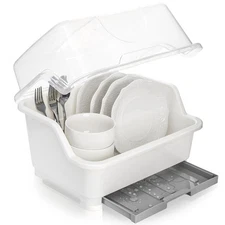 Dish Drying Rack, Plastic Plate Cup Dryer Holder with Lid Removable Drainboar...