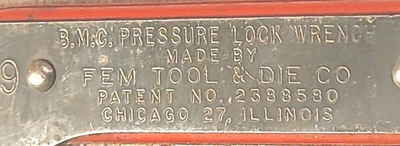 #ad VINTAGE No.9 BMC PRESSURE LOCK WRENCH FEM TOOL amp; DIE Chicago IL USA MADE $29.95