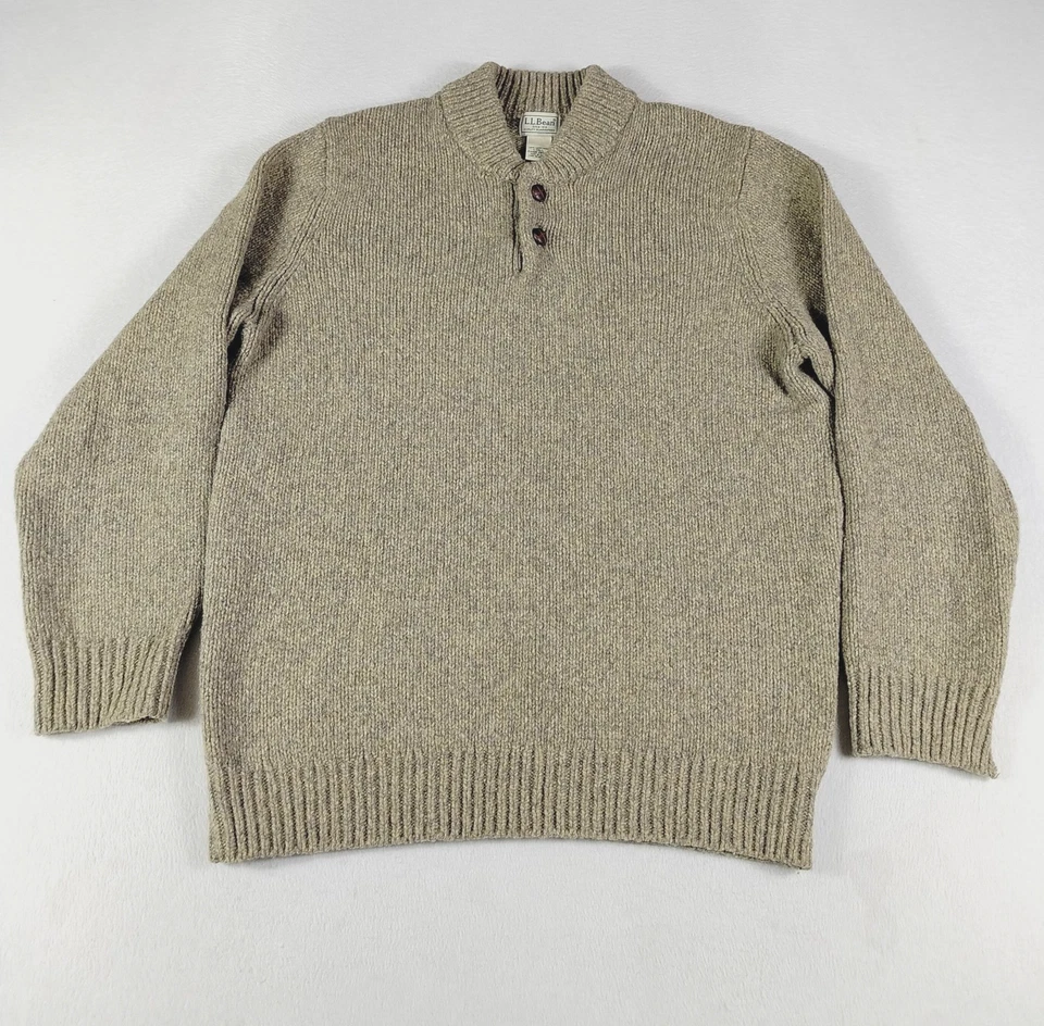 LL Bean Sweater Men's Large Tall Beige Oatmeal Lambswool Henley Cabincore - Image 2 of 4