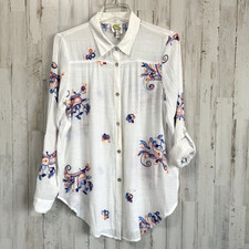 Fig  Flower Tunic Blouse Top M Embroidered Flowers Roll Tab Sleeve Thin Boho