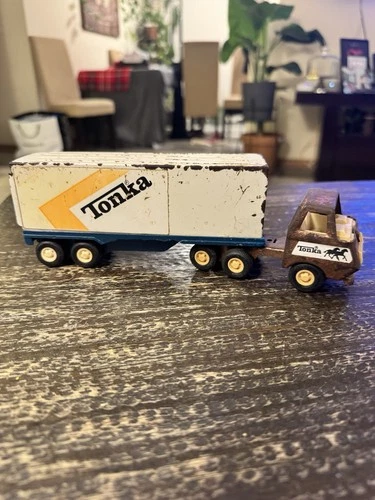 Tonka Tractor Trailer Semi Metal White Blue Brown Yellow Vintage Toy Truck