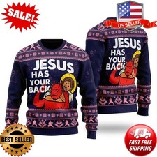 Funny Jesus Has Your Back Ugly Christmas Sweater, Religious Holiday Knit Jumper,