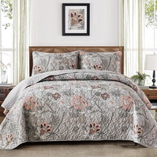 Floral Quilt Set King Size, Grey Botanical King Bedspread Bedding Sets Soft L...