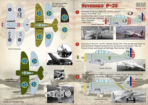 Print Scale 72-148 Decal for airplane 1:72 Seversky P-35 Waterslide decals - Picture 2 of 24