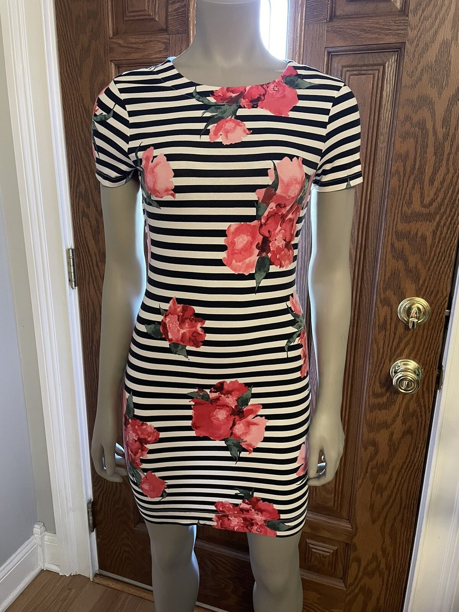 black and white striped dress with pink flowers Mystree Striped + Floral Print Dress