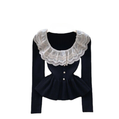 Elegant Lady Knitted Sweater Pullover Top Sweet Jumper Ruffle Lace Casual  Shirt
