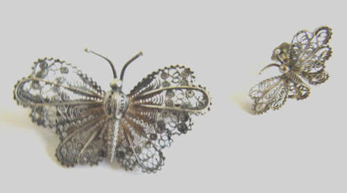 Antique 800 Silver Ornate Filigree Butterfly Pin/… - image 1