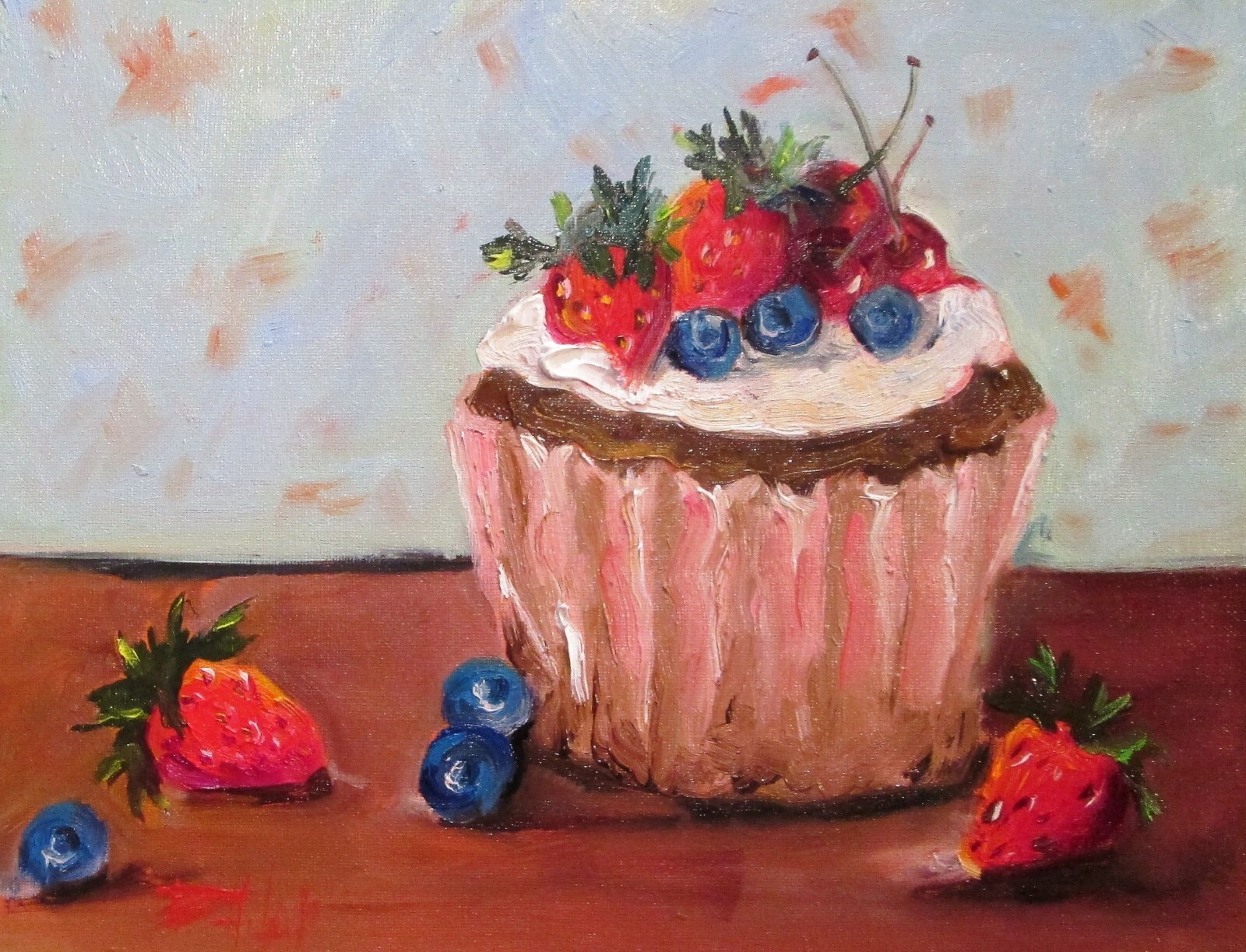 Cupcake with Berries By Delilah impressionist 11x14 oil painting food-image