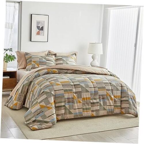 7 Piece Bed in a Bag Queen Reversible Design, Queen-7pieces Brown Grid