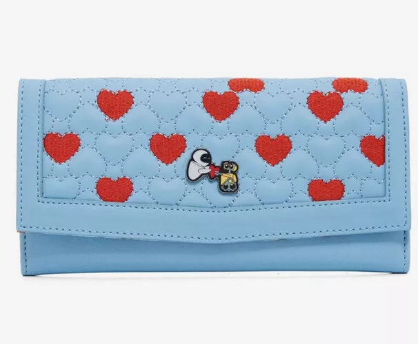 Loungefly Disney Pixar Wall E and Eve Heart Quilted Flap Wallet Blue NEW