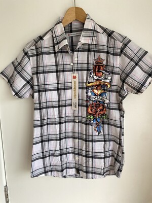 Cipo baxx women s shirt Black Check Front And Back Hits Skull Size M BNWT