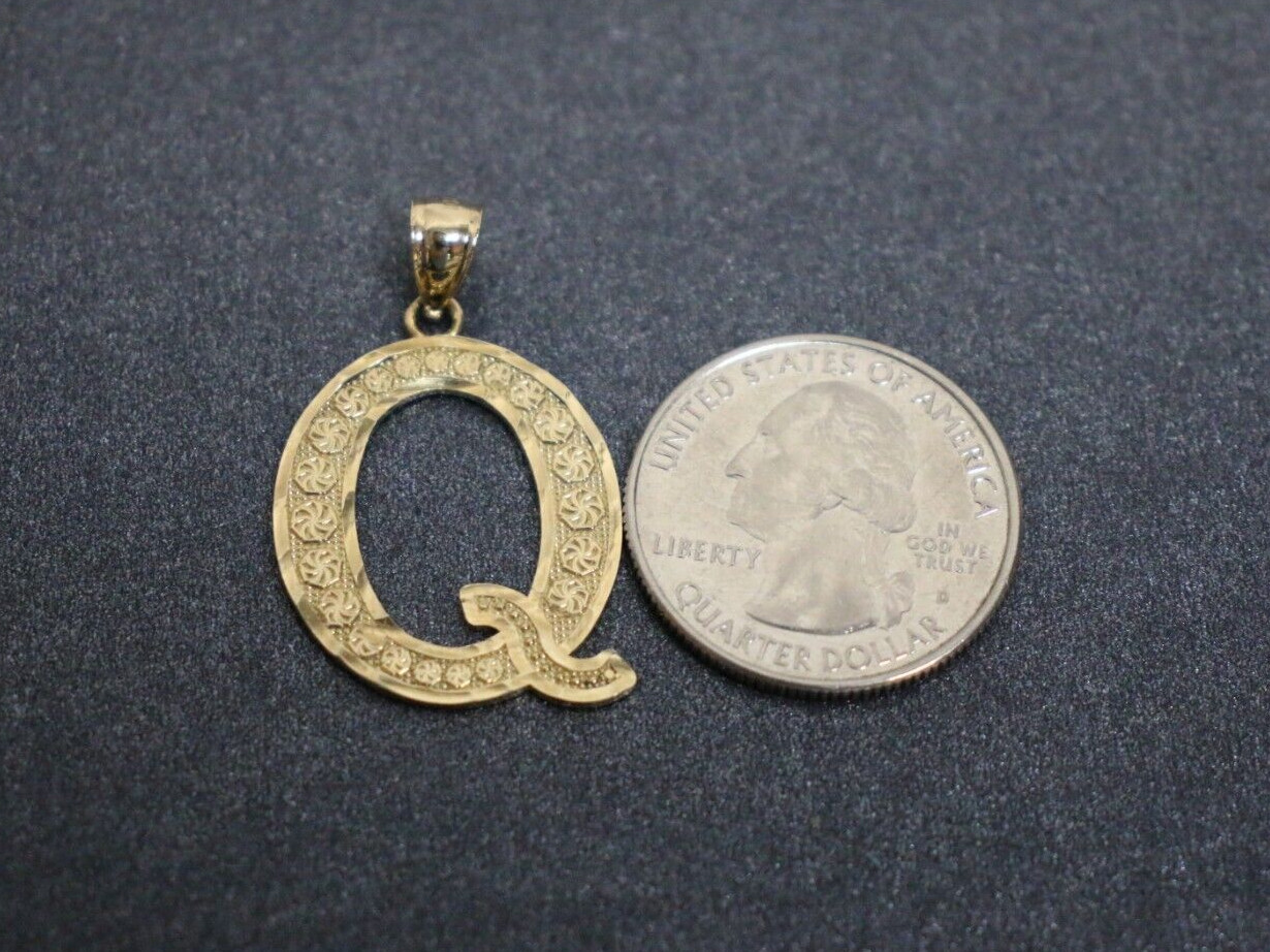 10K Solid Yellow Gold Initial Letter Q Pendant 2.… - image 5