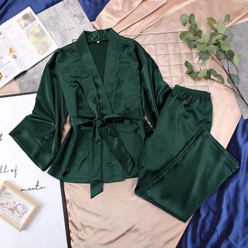 Women Matching Pajama Set with Belt Soft & Loose Sleepwear Female Home Clothes - Picture 9 of 20