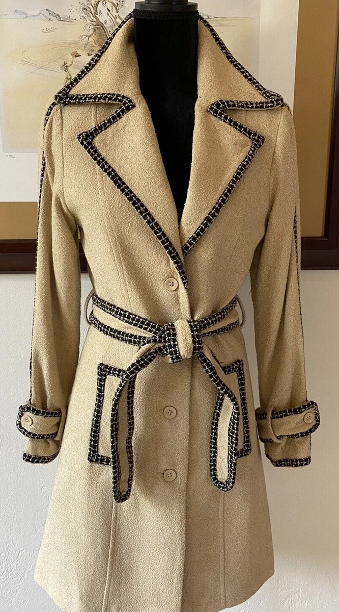 Ann Carson Mid Length Camel Colored Ratine Belted Trench Coat Size