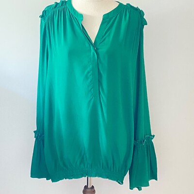 Heine Ezibuy Womens  Top Blouse Size 14 (EU 42) Jade Green Long Sleeves Ruffles