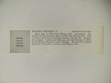 Herbert A. Kramer Navy Fort Wayne Indiana Great Lakes NTS 1921 WW1 Hero Panel