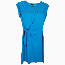 Talbots Women Crochet Trim Nantucket Slub Side Tie Dress Size S Petite Blue Knit