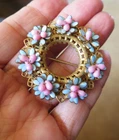 Miriam Haskell Signed Gold Tone Wreath Brooch  Pin Pink and Blue Enamel Flowers