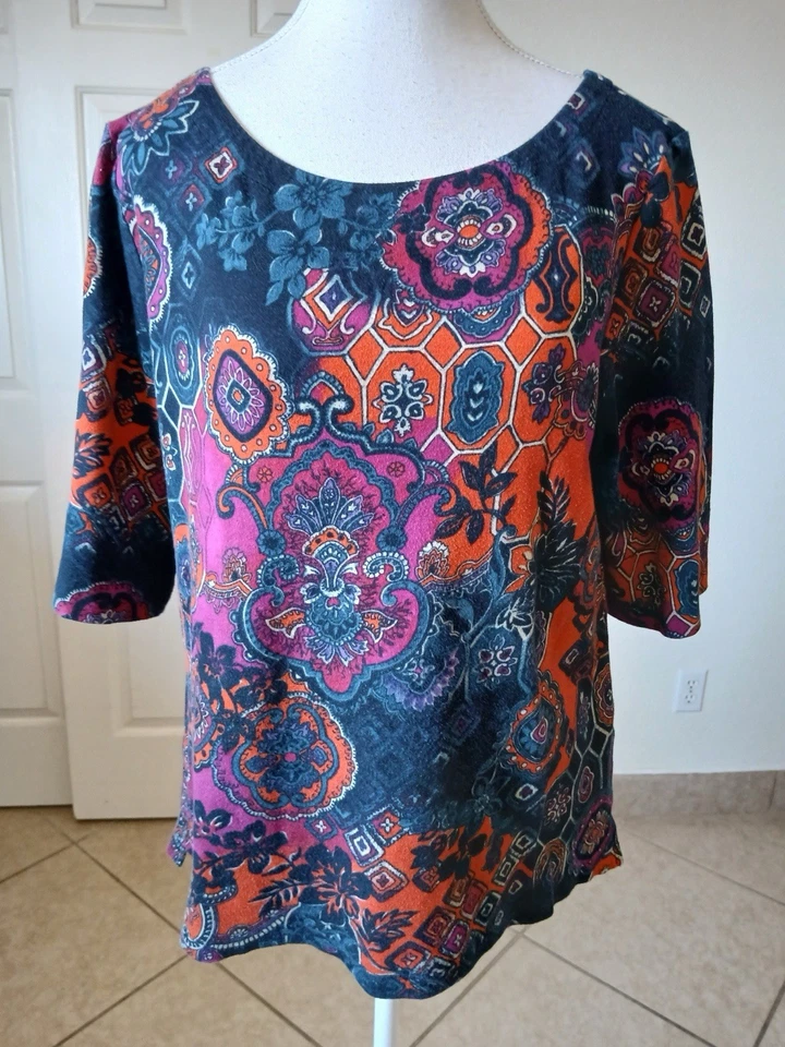 Jones New York Signature Womens Top XL Multicolor Paisley 3/4 Sleeve Boho - Image 2 of 4
