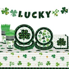 98PCS St Patrick's Day Party Supplies Green Irish Shamrock Tableware Set Luck...