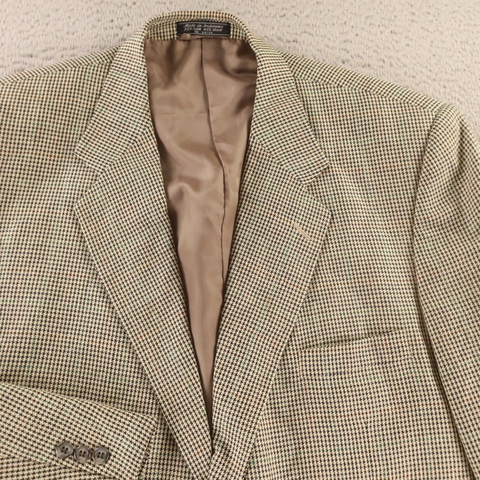 VTG Jacket XL XLT 48L Blue Beige Houndstooth Gun Check Silk Wool Blazer - Image 2 of 4