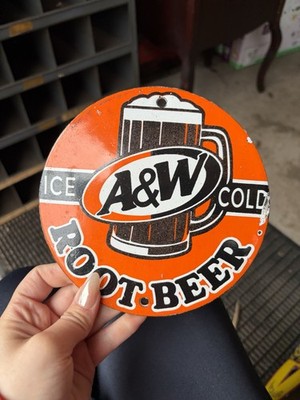 Round Porcelain A&W Root Beer Ice Cold Sign