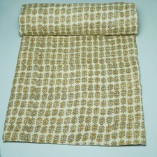 Mustard Beige Block Print Cotton Kantha Bedspread Handmade Boho Quilt