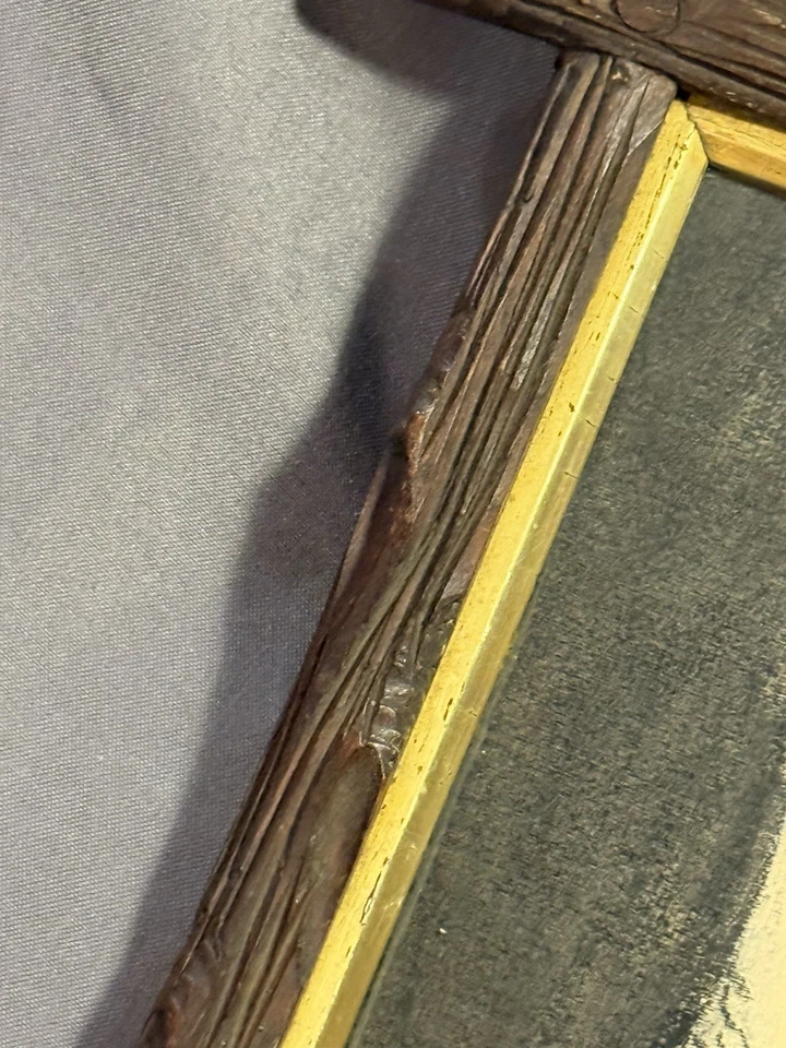 Antiguo marco de ramita de madera tallada de la Selva Negra con pintura de búho de arte popular Foto 4 de 4